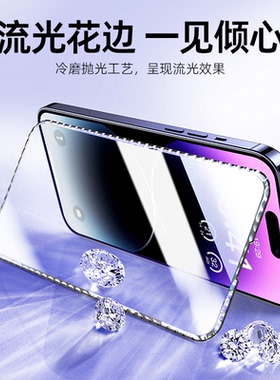 适用苹果17/15/16/14星光钢化膜13promax全覆盖花边纹菱形膜12手机防指纹带听筒防尘保护膜