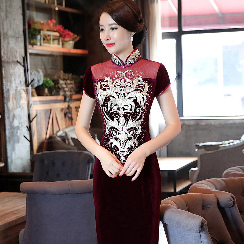 丝绒旗袍长款优雅时尚新款春秋喜庆烫钻新娘妈妈装婚礼宴会礼服装