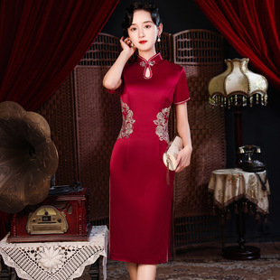 醋酸缎高贵旗袍裙 中长款小个子新式显高显瘦收腰气质丈母娘礼服