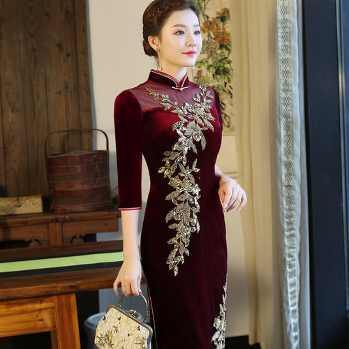 丝绒婚宴旗袍中袖礼服妈妈装