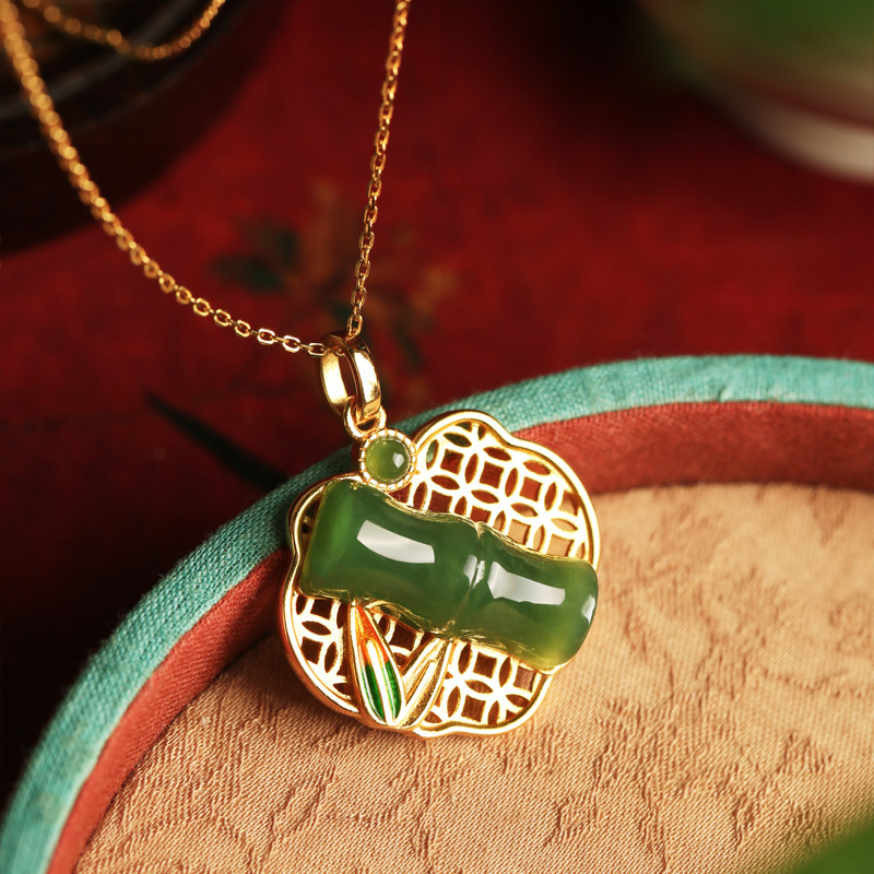 和田玉碧玉竹节如意锁纯银吊坠女国金包银风玉石金镶玉平安锁项链
