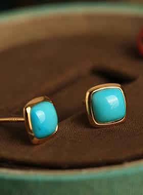 绿松石纯银小方糖耳钉女新中式国风高级轻奢蓝色玉石方形耳饰耳环