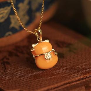 招财小猫天然蜜蜡新中式 国风纯银福字吊坠女黄色玉石偏财旺财项链