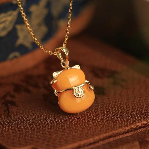 天然蜜蜡招财猫纯银项链吊坠