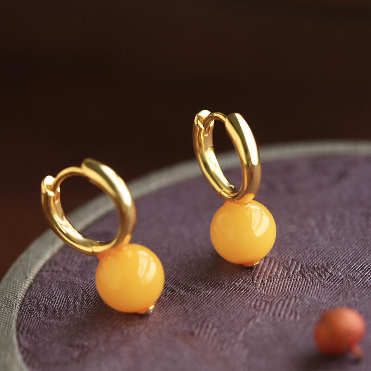 小银匠天然蜜蜡纯银耳环女金镶玉高级黄色玉石黄宝石耳饰耳坠耳扣