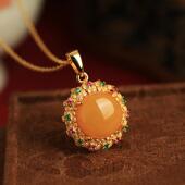 天然蜜蜡纯银繁花吊坠女新中式 国风琥珀黄色玉石金镶玉项链毛衣链