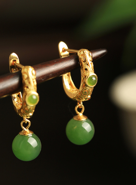 和田玉碧玉纯银耳钉女新中式国风新年过年礼物绿色玉耳饰耳环耳坠
