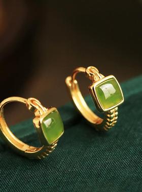 和田玉碧玉纯银小方糖耳扣女新中式国风绿色玉石轻奢耳饰耳环耳钉