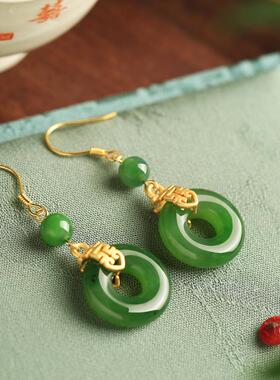 平安喜乐和田玉碧玉平安扣纯银耳环女新中式国风绿色玉石耳饰耳坠