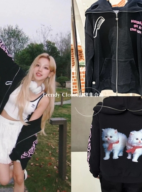 现货 Ashley Williams 25秋冬新 宋雨琦同款猫咪印花宽松连帽外套