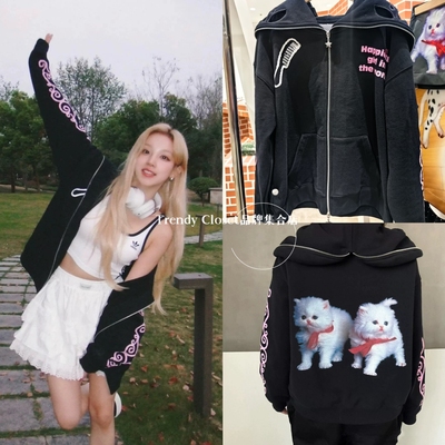 现货 Ashley Williams 25秋冬新 宋雨琦同款猫咪印花宽松连帽外套