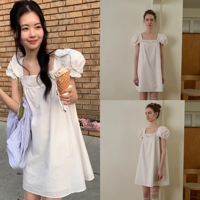 韩国现货 withoutsummer 26夏新款 复古简约泡泡袖蕾丝短袖连衣裙