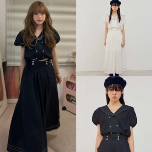 韩国采购 fletta 26新款 海军领水手服泡泡袖短袖半身裙套装女