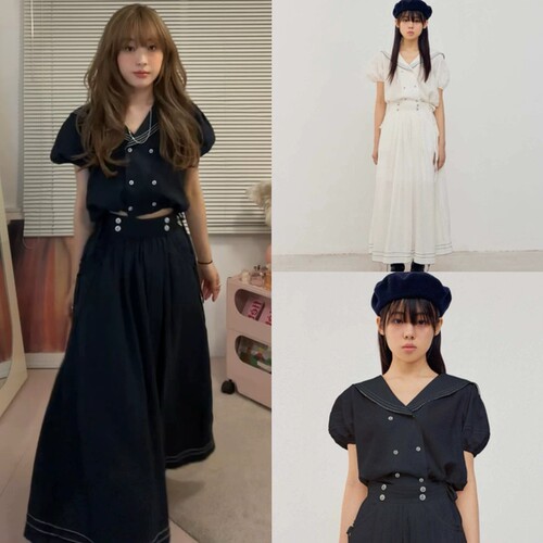 韩国采购 fletta 26新款 海军领水手服泡泡袖短袖半身裙套装女