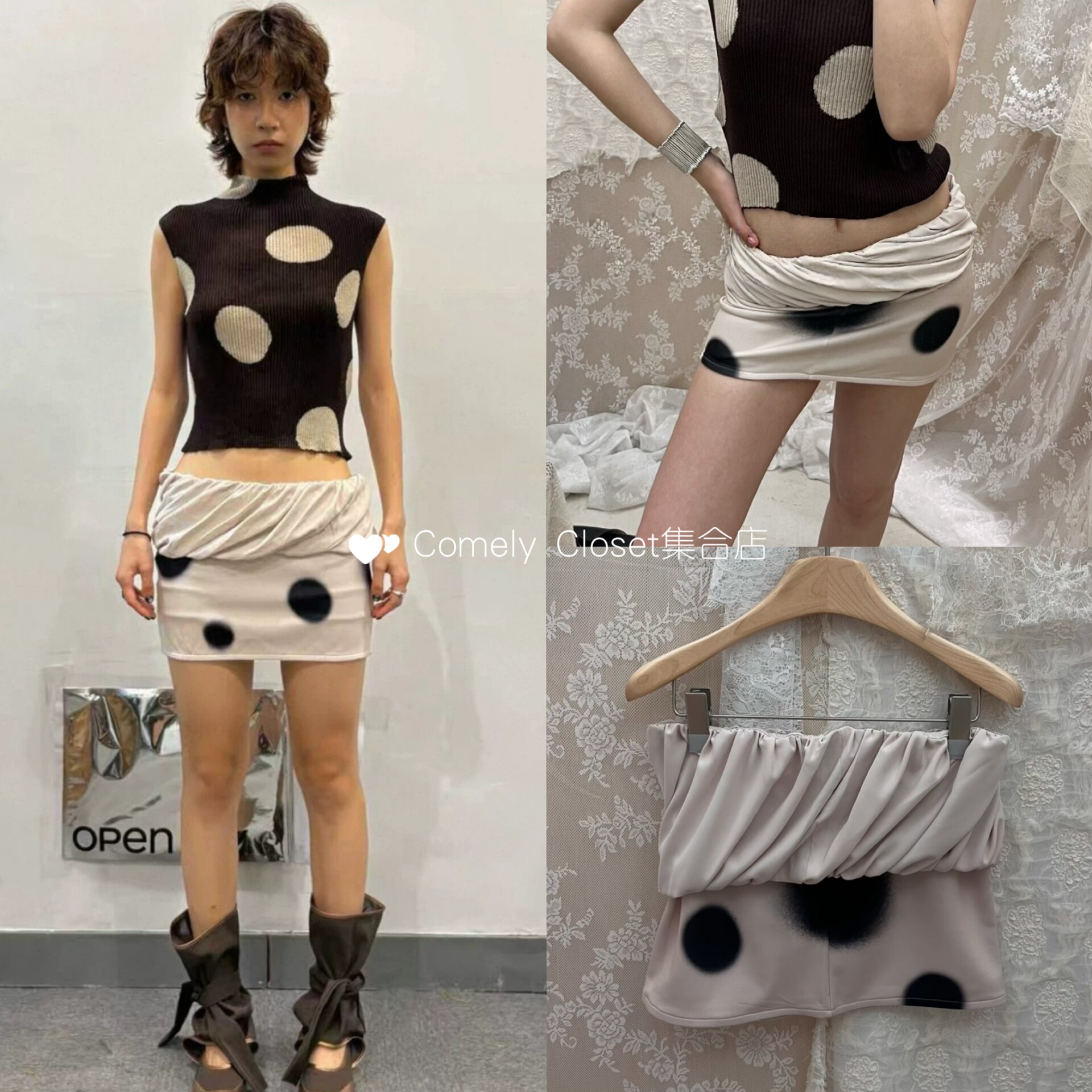 韩国直邮 OPEN YY 2026夏季新款 复古波点卷腰迷你短裙半身裙女