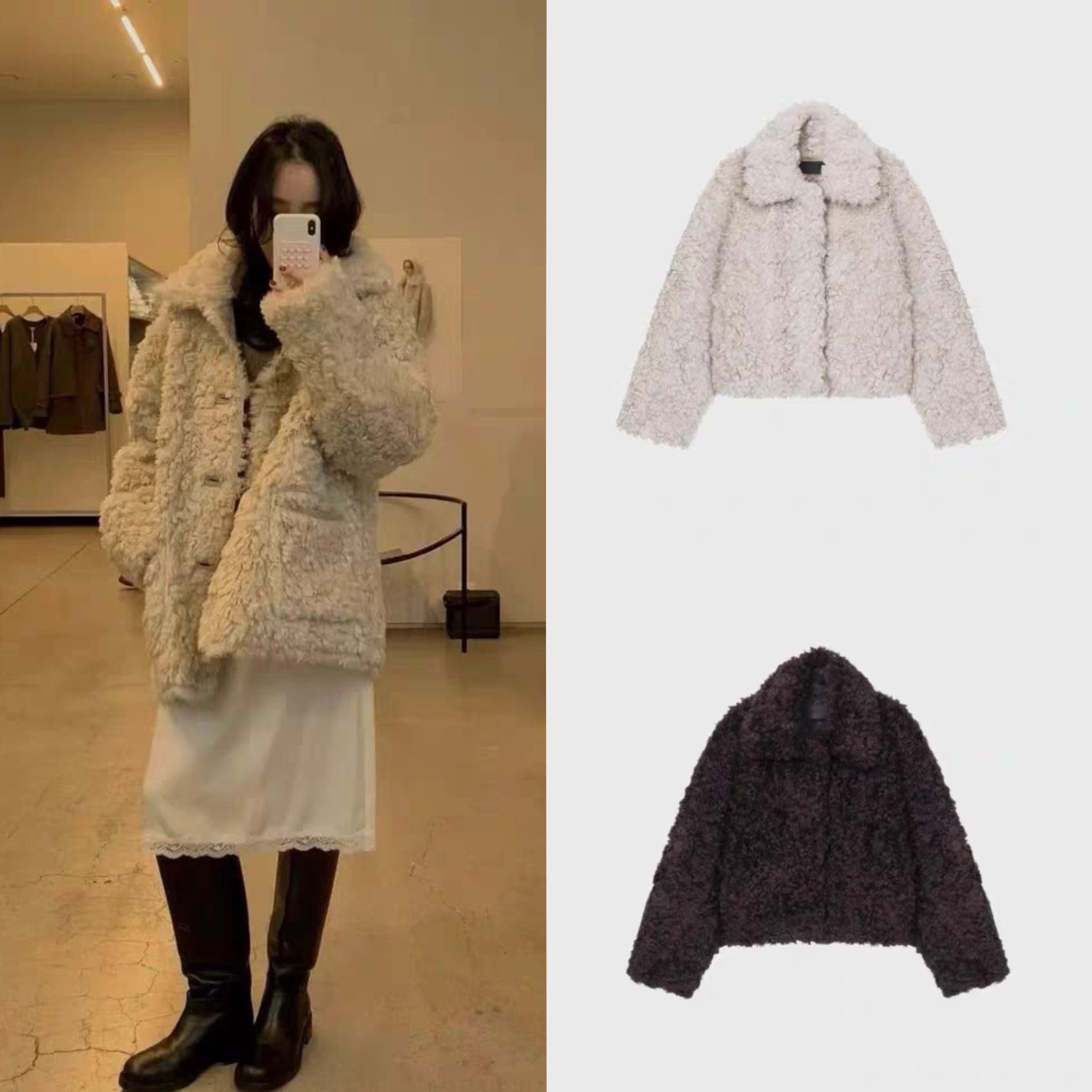 韩代现货 monoha 复古气质简约双面穿毛绒摇粒绒皮毛一体外套大衣