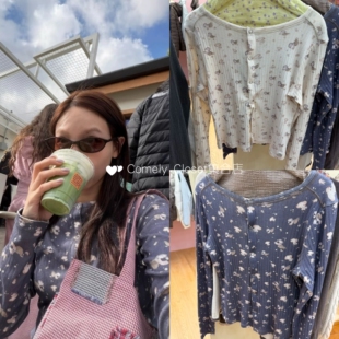 现货 coyseio 林娜琏同款 碎花单排扣修身长袖t恤开衫打底衫外套