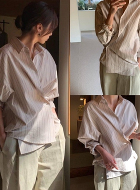 韩国买手店 moia 2026新款 stripe shirt 宽松复古纯棉条纹衬衫女