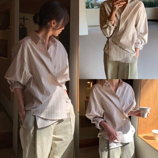韩国买手店 moia 2026新款 stripe shirt 宽松复古纯棉条纹衬衫女