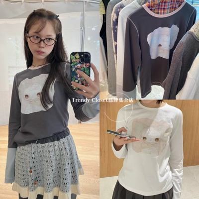 国内现货 coyseio 韩国正品 25FW 可爱娃娃印花拼色长袖圆领T恤