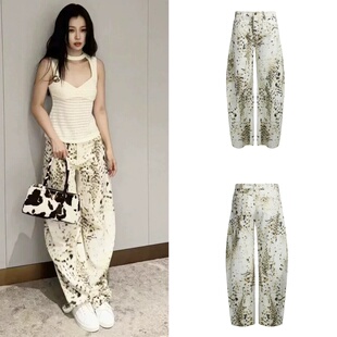 现货 Lioness 虞书欣同款宽松豹纹雪豹印花牛仔休闲裤弯刀长裤女