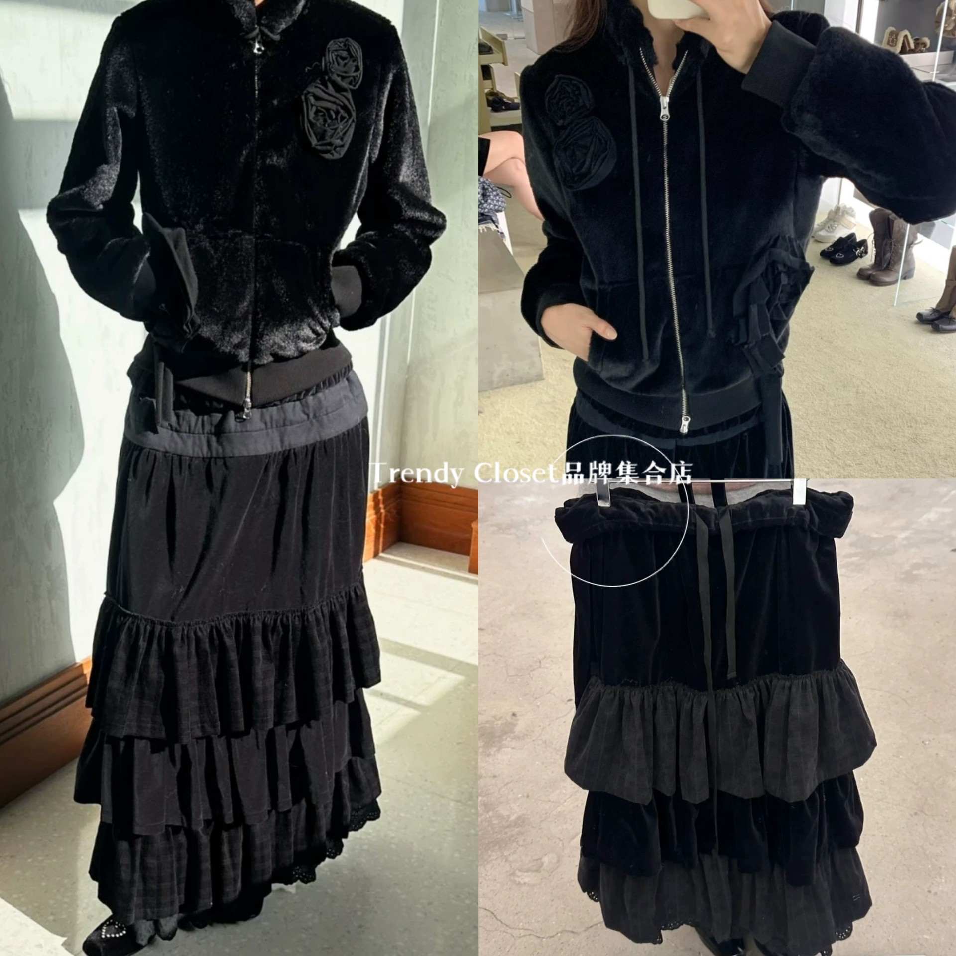 现货 OPEN YY 25冬季 花朵装饰毛绒外套天鹅绒卷腰拼接蕾丝半身裙,女装/女士精品,半身裙,淘宝优惠券,粉丝福利购,淘宝优惠卷