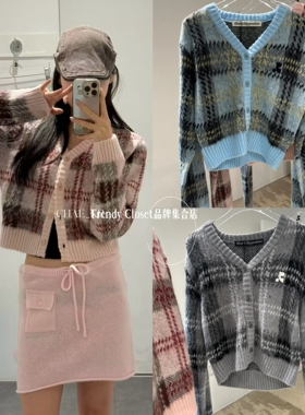 韩国 restandrecreation 复古针织开衫RR拼色V领短款毛衣外套 女