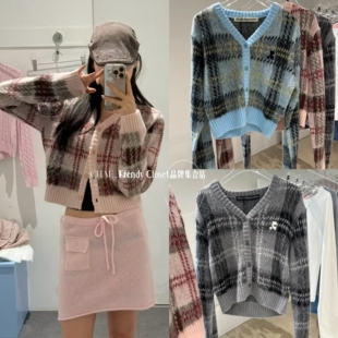 韩国 restandrecreation 复古针织开衫RR拼色V领短款毛衣外套 女