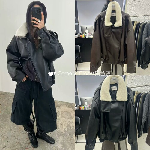 NOVUS 韩国直邮 26秋季新款 机车风毛领可拆卸夹克短款皮衣外套女