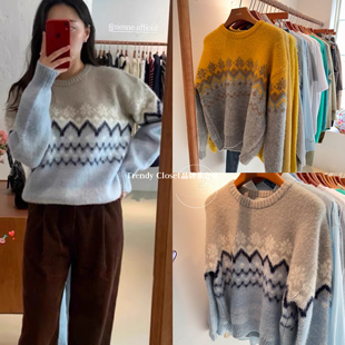现货 sienne 24秋冬新款 慵懒风撞色提花宽松圆领雪花针织衫毛衣