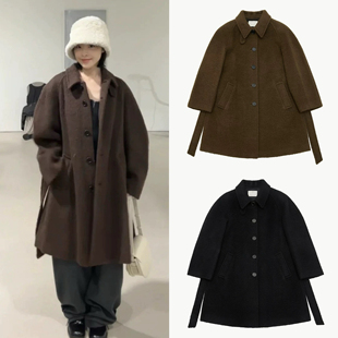 现货 Amomento 24冬季新款 保暖翻领腰带羊驼单排扣毛呢大衣外套