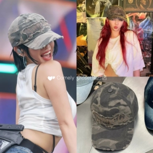 现货~张元英JOY许允真NATTY~2000ARCHIVES铆钉字母毛边迷彩棒球帽