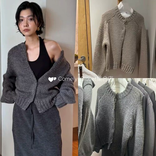 买手店现  LFM 26新款 圆领麻花粗宽松短款简约休闲针织开衫女
