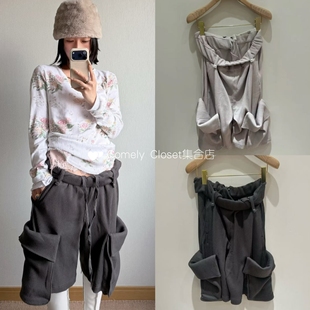 韩国在途 OPEN YY 26新款 宽松简约卷边腰头系带华夫格纹休闲短裤