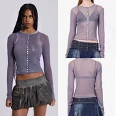 现货Jaded 女 t恤开衫 London 性感辣妹贝母纽扣半透视圆领网纱长袖