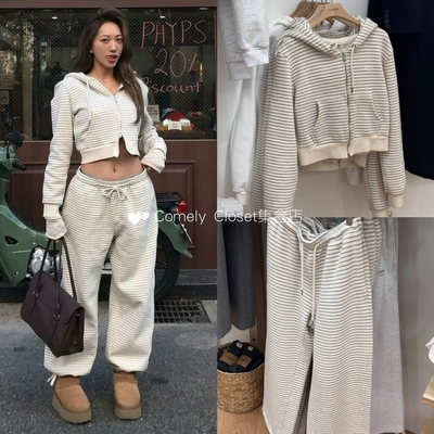 买手店 glowny 直井怜同款 条纹连帽拉链卫衣外套抽绳休闲裤卫裤