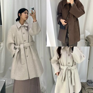 韩国直邮 amomento 羊毛单排扣绑带摸摸头羊驼毛翻领长款大衣外套