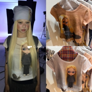 在途 coyseio 联名blythe 早春新款休闲宽松显瘦漏肩娃娃短袖T恤