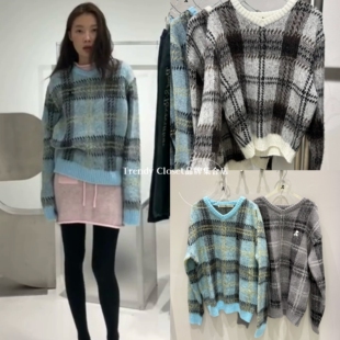 韩国直邮 restandrecreation 25新款 复古V领格纹RR拼色针织毛衣