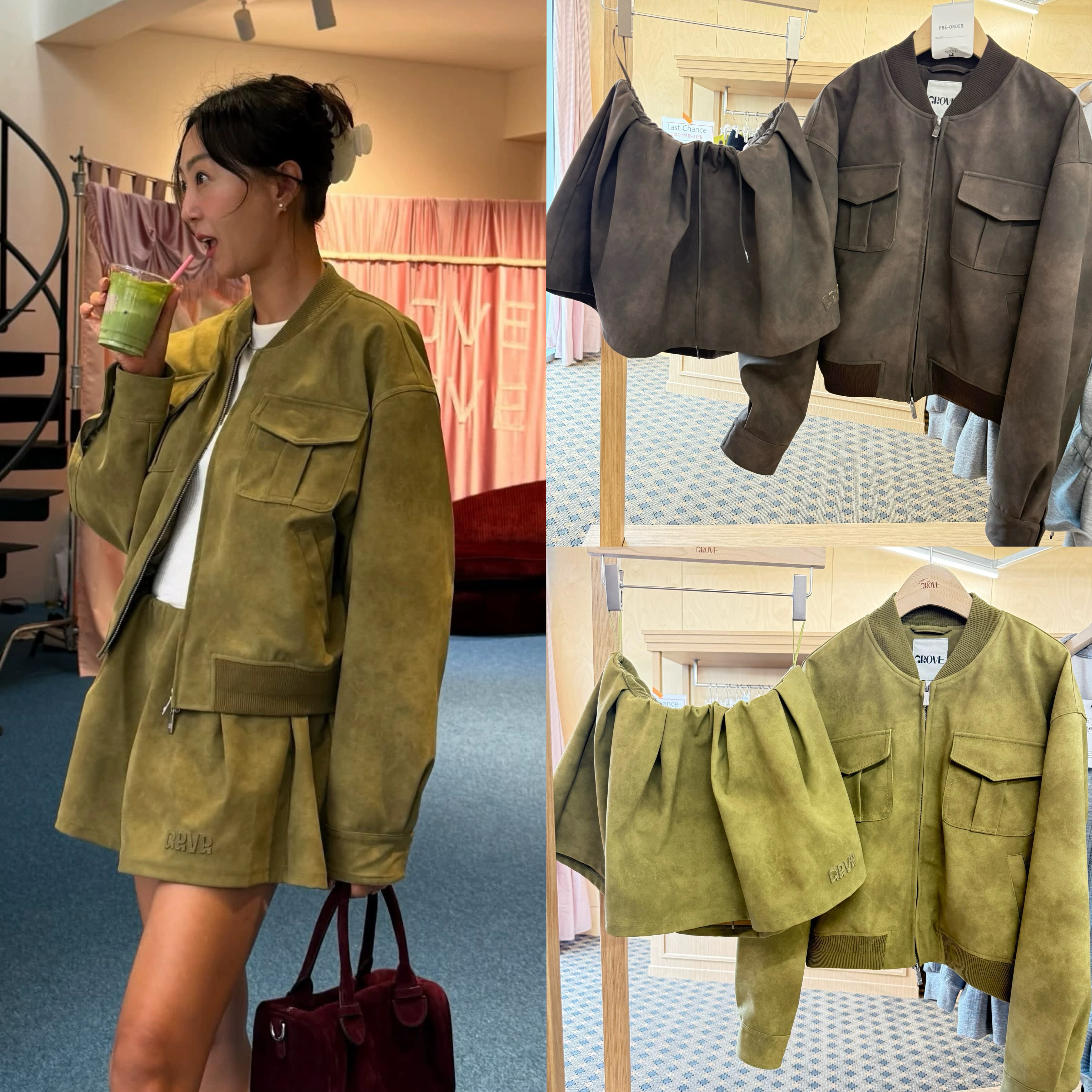 韩国直邮 GROVE 25秋款 ZADIE 麂皮夹克外套 花朵半身裙套装 女