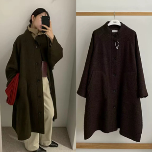 韩国正品 ETHOS 2024冬季新款 气质复古斗篷式羊毛大衣毛呢外套女