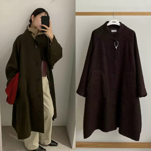 韩国正品 ETHOS 2024冬季新款 气质复古斗篷式羊毛大衣毛呢外套女