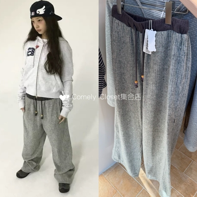 买手店 aeae 25新款 竖条纹翅膀刺绣直筒长裤腰头拼接抽绳休闲裤