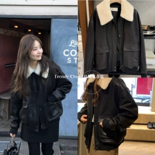 买手店现货 OUNCE 25秋冬新款 可拆卸羊羔毛领短款皮衣夹克外套女