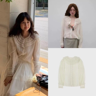 freckle 韩国采购 26春夏新款 复古花边竖褶亚麻透视衬衫长袖上衣