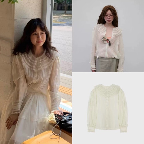freckle 韩国采购 26春夏新款 复古花边竖褶亚麻透视衬衫长袖上衣