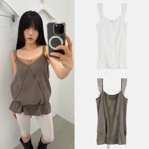 现货 CERRIC 26春新品 透视荷叶边无袖上衣抽绳系带吊带背心女