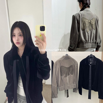 韩国在途 OPENYY 24秋季新款 蝴蝶结飘带拉链长袖丝绒夹克外套女