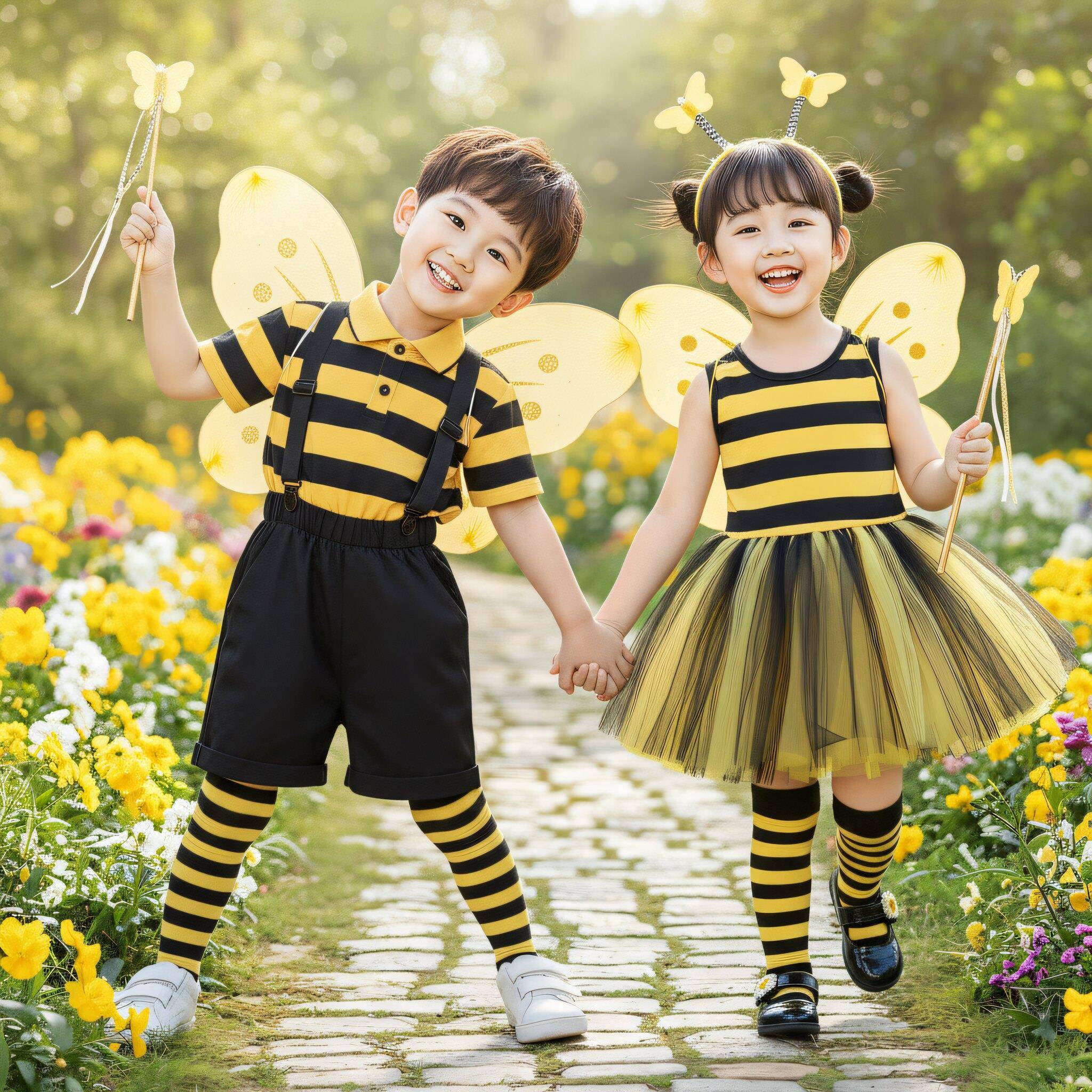 幼儿园六一儿童演出服男女童小蜜蜂主题cos蓬蓬裙舞蹈背带裤套装