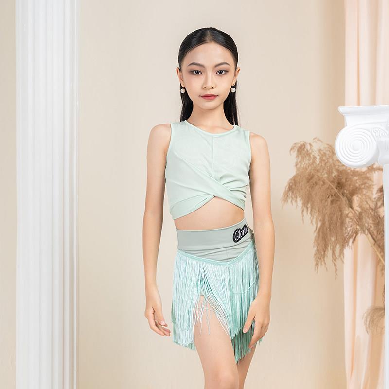 歌瑞亚拉丁舞女幼儿童夏新款扭结短款上衣流苏半裙训练习演出服
